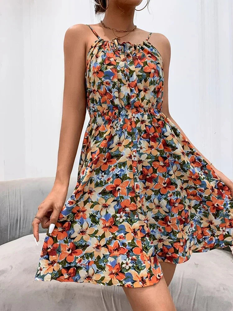 Women's Floral Mini Dress with Spaghetti Straps