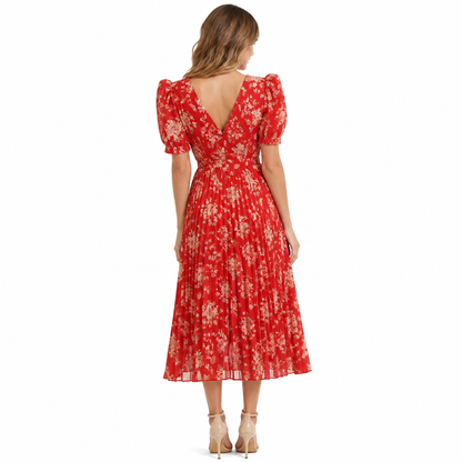 Women's Floral Pleated Midi Dress with Puff Sleeves