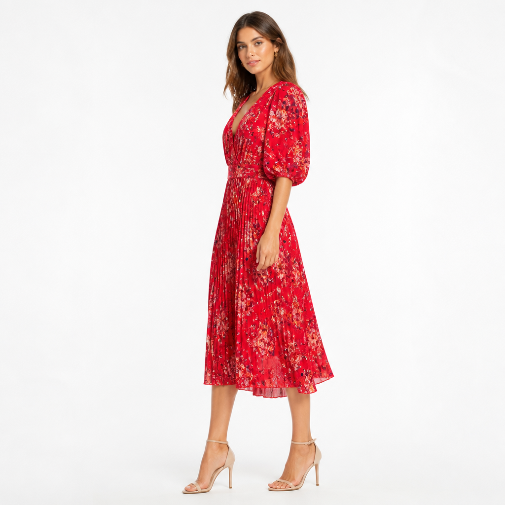 Women's Floral Pleated Midi Dress with Puff Sleeves