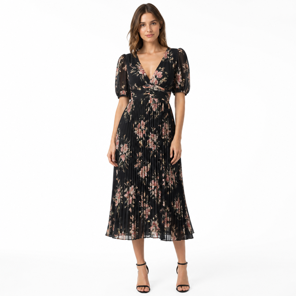 Women's Floral Pleated Midi Dress with Puff Sleeves
