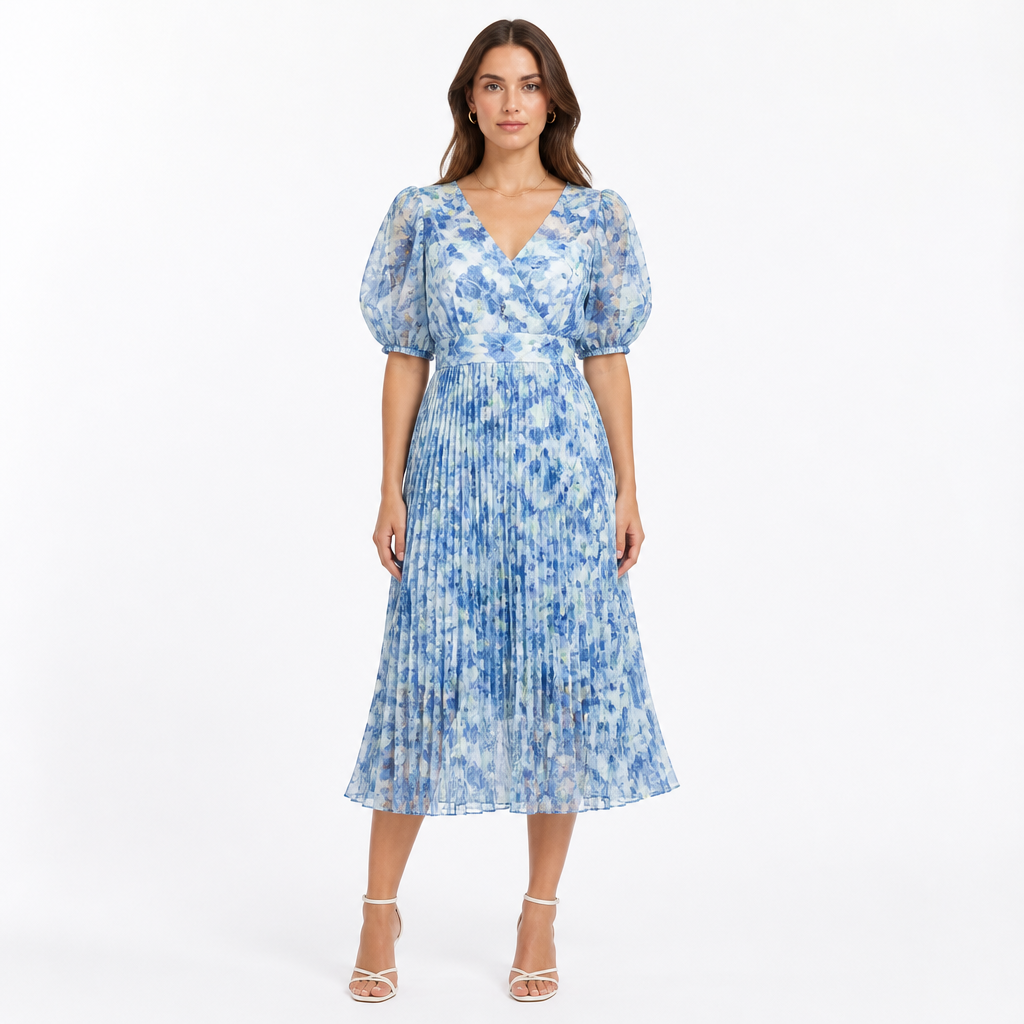 Women's Floral Pleated Midi Dress with Puff Sleeves