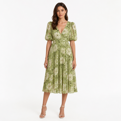Women's Floral Pleated Midi Dress with Puff Sleeves