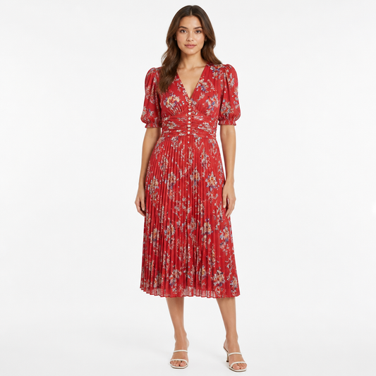 Women's Floral Pleated Midi Dress with Puff Sleeves