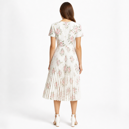 Women's Floral Print V-Neck Pleated Midi Dress