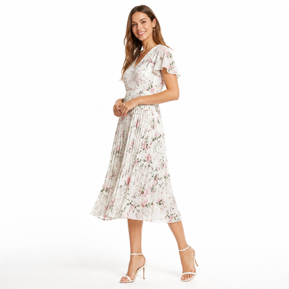 Women's Floral Print V-Neck Pleated Midi Dress