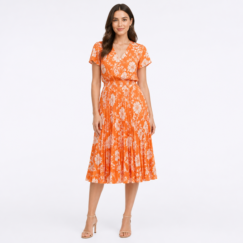 Women's Floral Print V-Neck Pleated Midi Dress