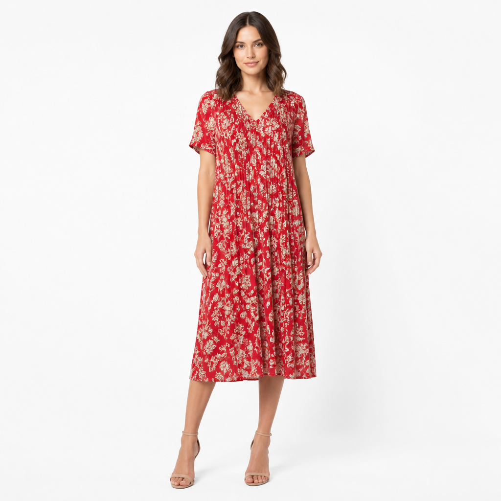 Women's Floral Print V-Neck Pleated Midi Dress
