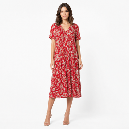 Women's Floral Print V-Neck Pleated Midi Dress