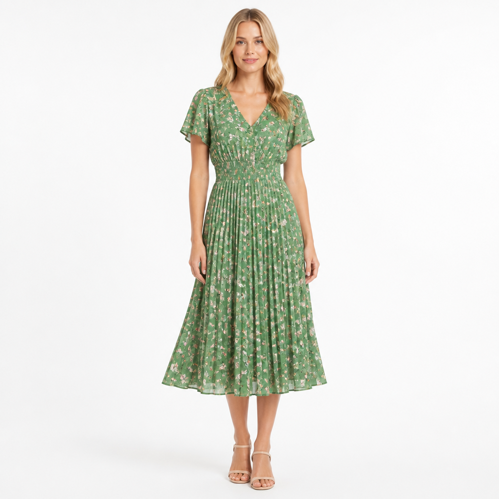 Women's Floral Print V-Neck Pleated Midi Dress