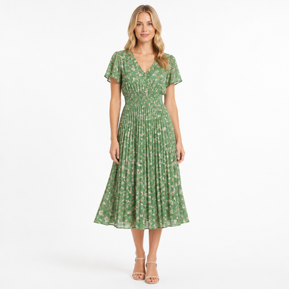 Women's Floral Print V-Neck Pleated Midi Dress