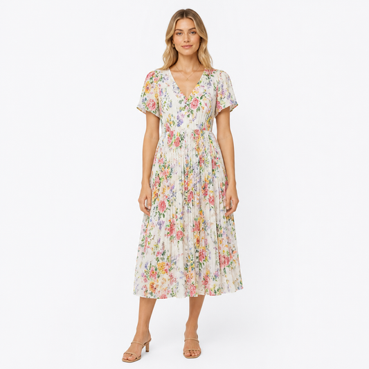 Women's Floral Print V-Neck Pleated Midi Dress