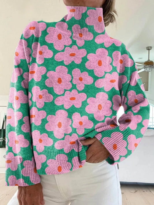 Women's Floral Roll-Neck Sweater with Relaxed Fit