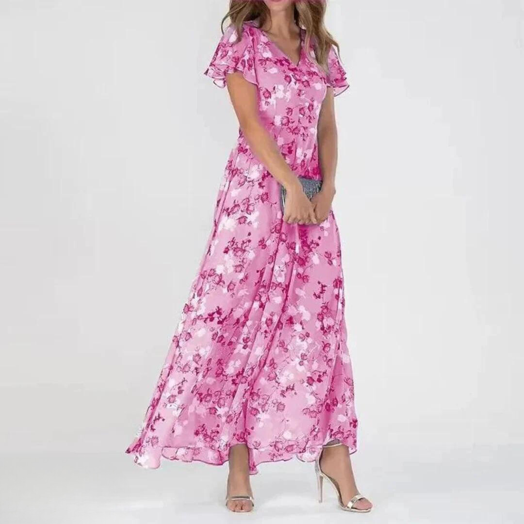 Women's Floral V-Neck Chiffon Maxi Dress