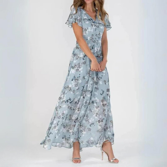 Women's Floral V-Neck Chiffon Maxi Dress