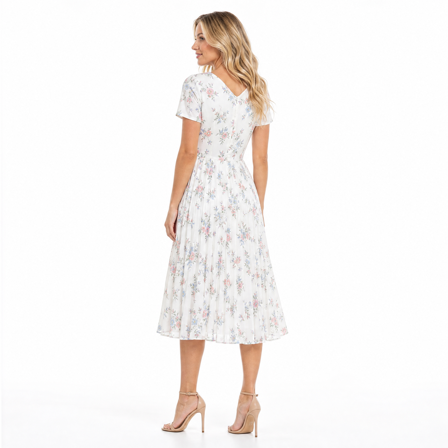 Women's Floral V-Neck Pleated Midi Dress