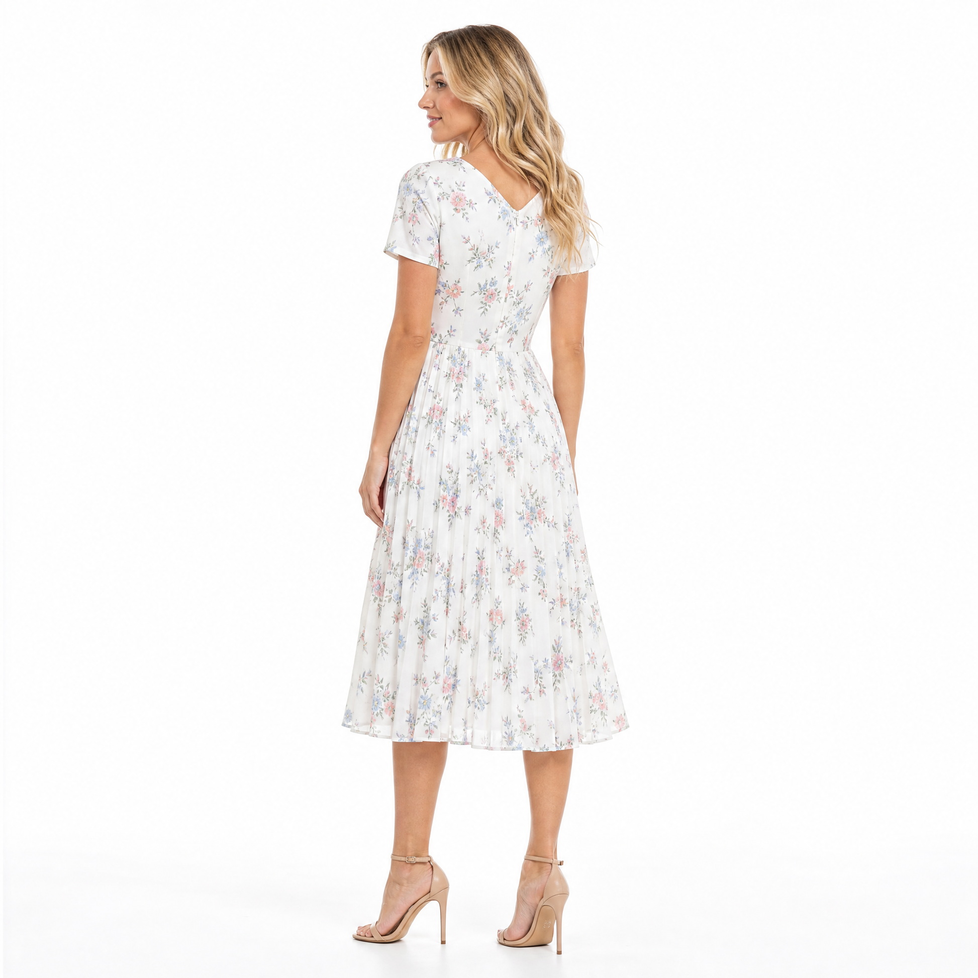 Women's Floral V-Neck Pleated Midi Dress