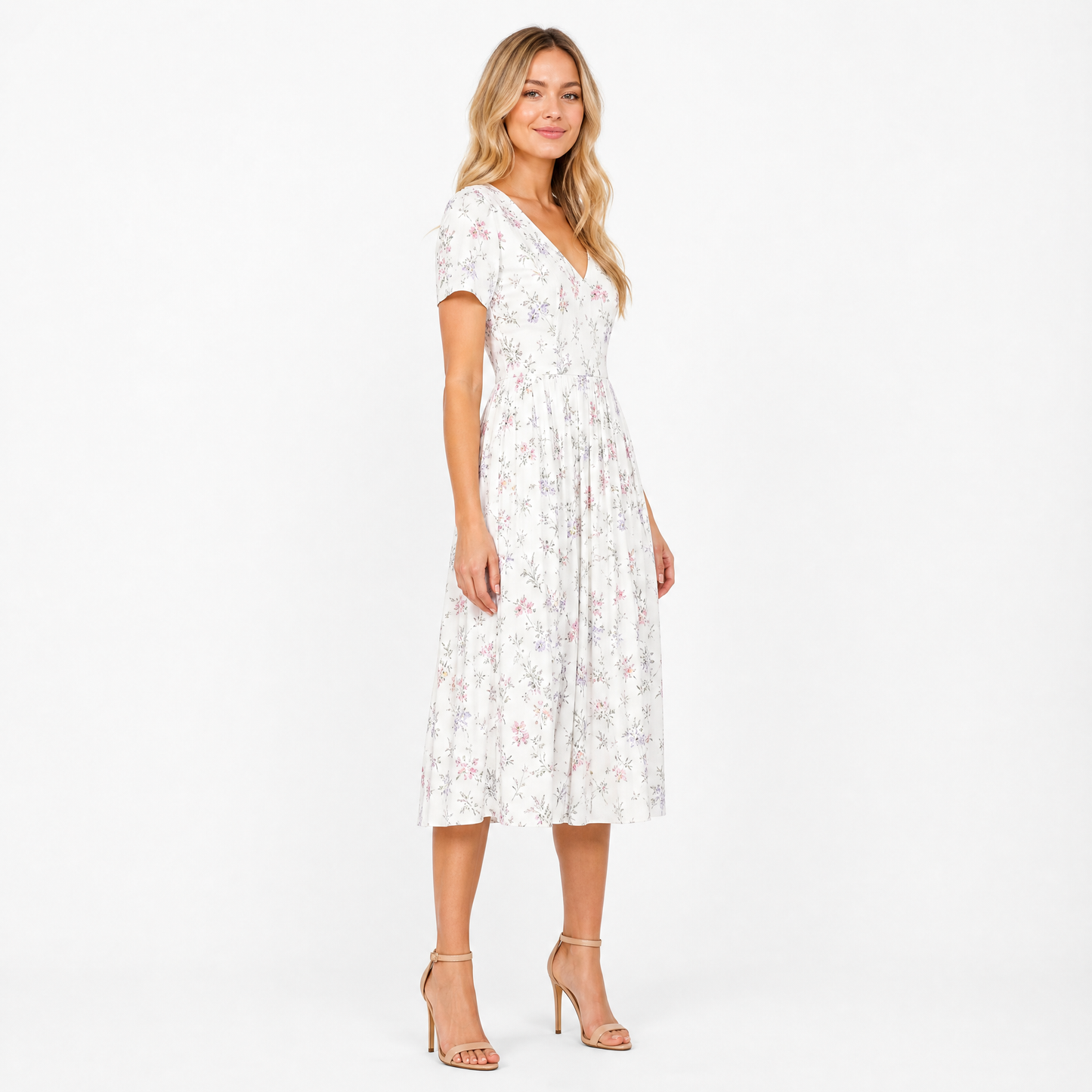 Women's Floral V-Neck Pleated Midi Dress