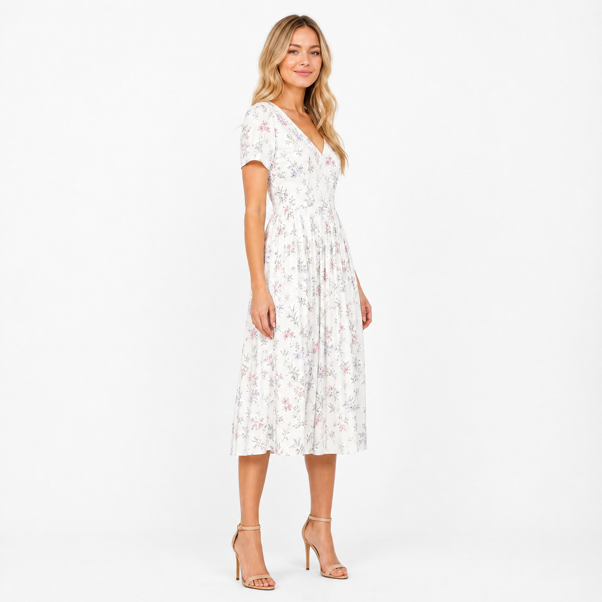 Women's Floral V-Neck Pleated Midi Dress