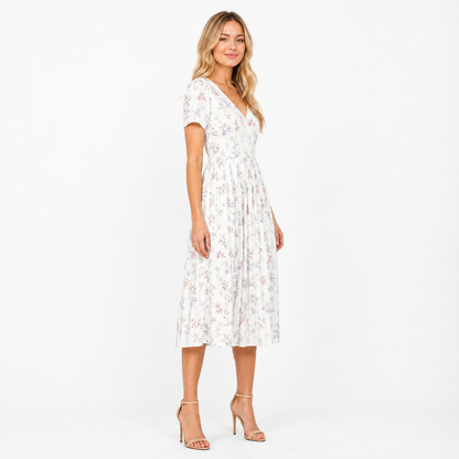 Women's Floral V-Neck Pleated Midi Dress