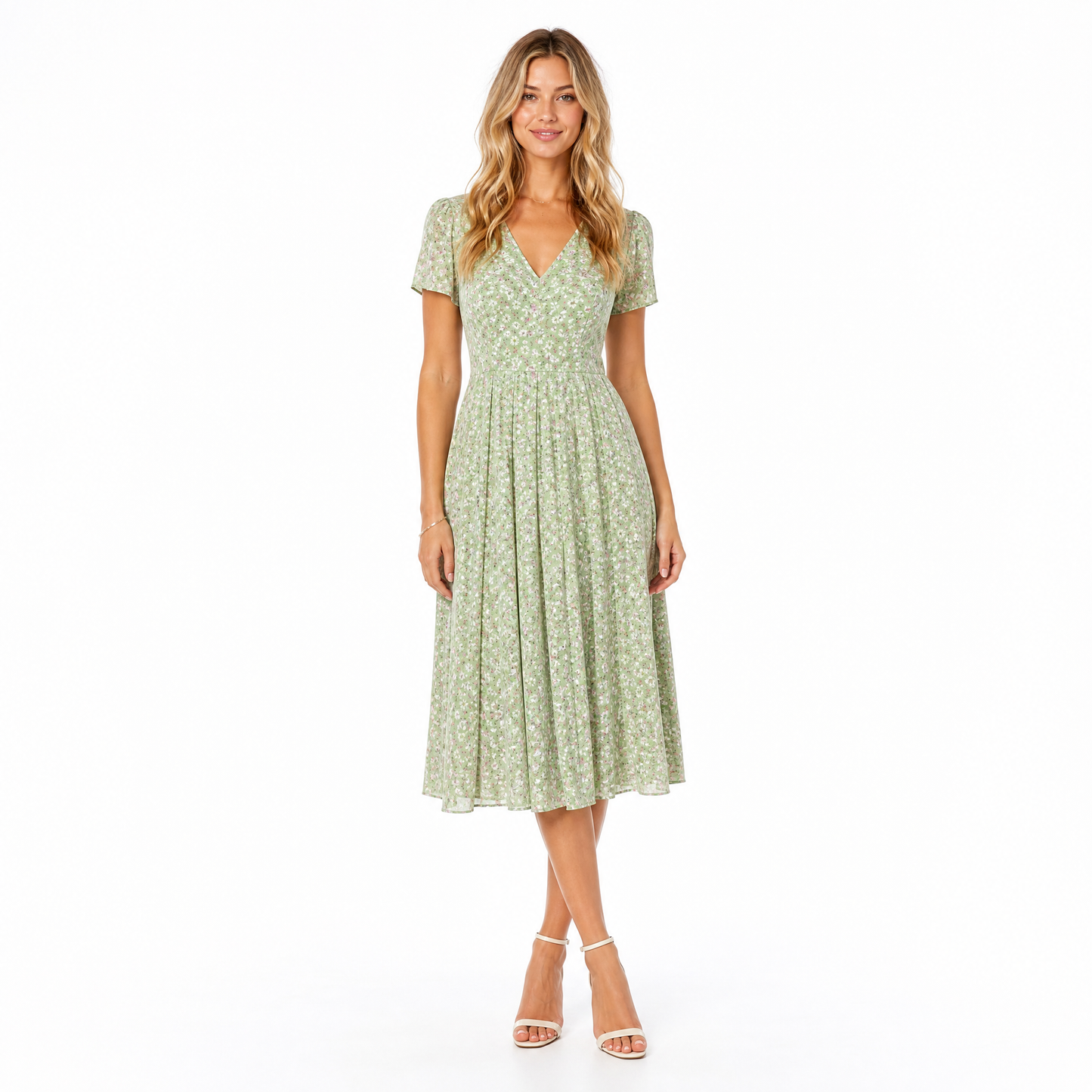 Women's Floral V-Neck Pleated Midi Dress