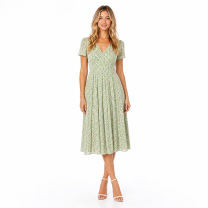 Women's Floral V-Neck Pleated Midi Dress