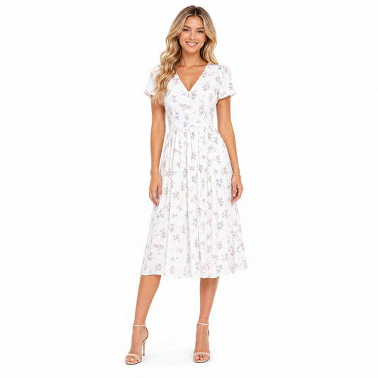 Women's Floral V-Neck Pleated Midi Dress