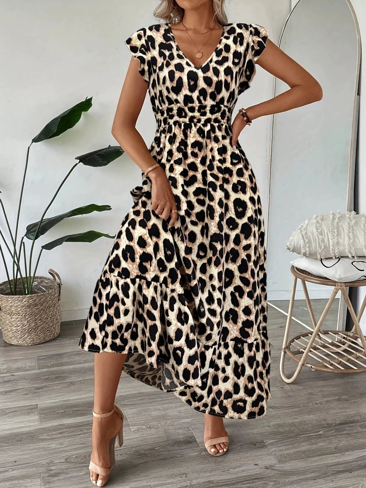 Women's Flowing Midi Dress with V-Neck and A-Line Skirt