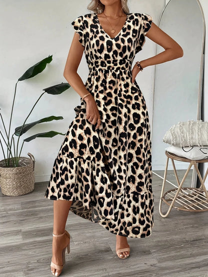Women's Flowing Midi Dress with V-Neck and A-Line Skirt