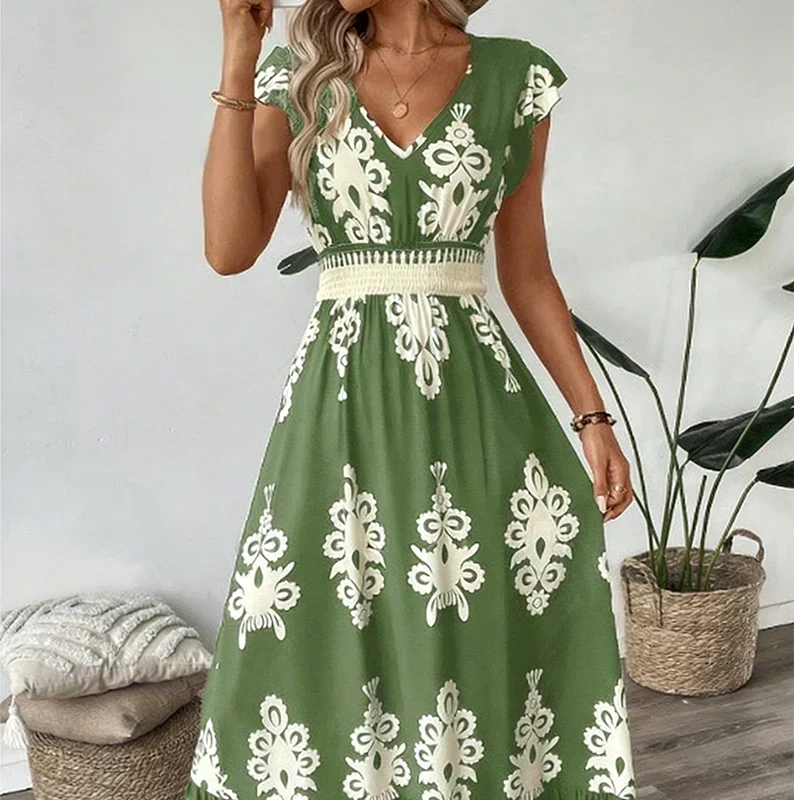 Women's Flowing Midi Dress with V-Neck and A-Line Skirt