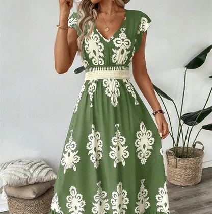 Women's Flowing Midi Dress with V-Neck and A-Line Skirt