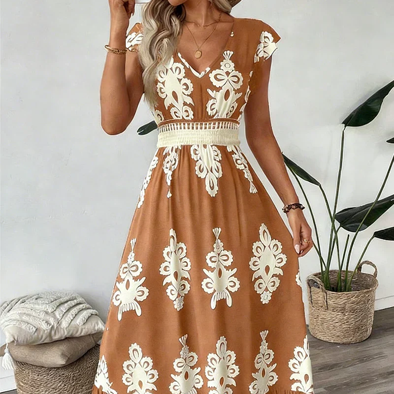 Women's Flowing Midi Dress with V-Neck and A-Line Skirt
