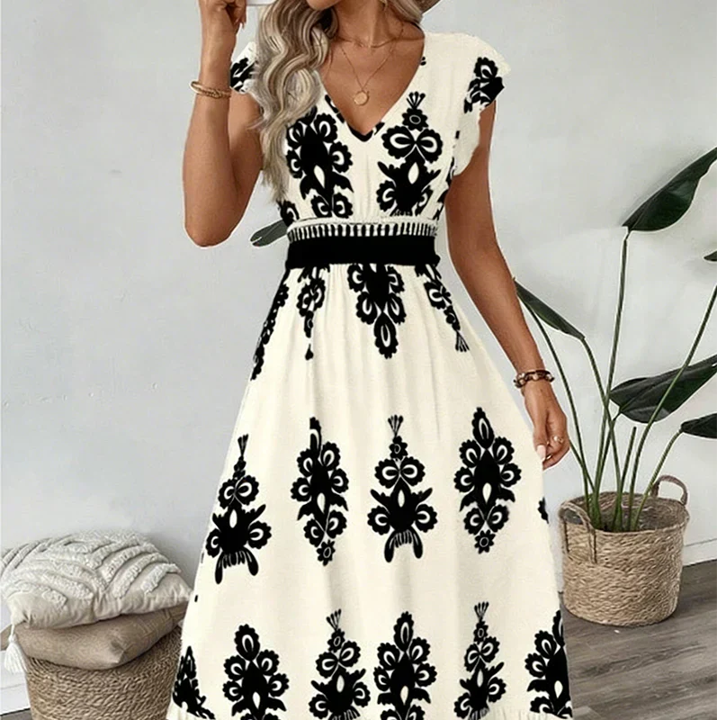 Women's Flowing Midi Dress with V-Neck and A-Line Skirt