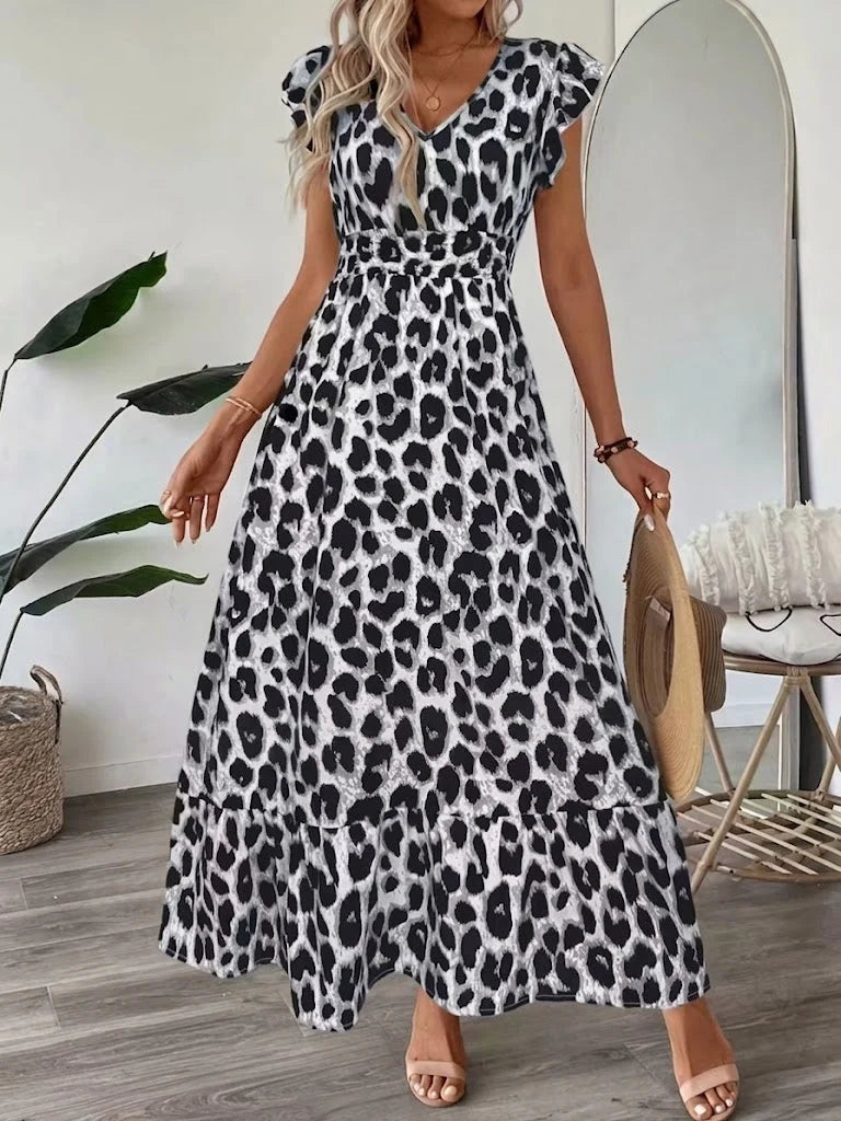 Women's Flowing Midi Dress with V-Neck and A-Line Skirt
