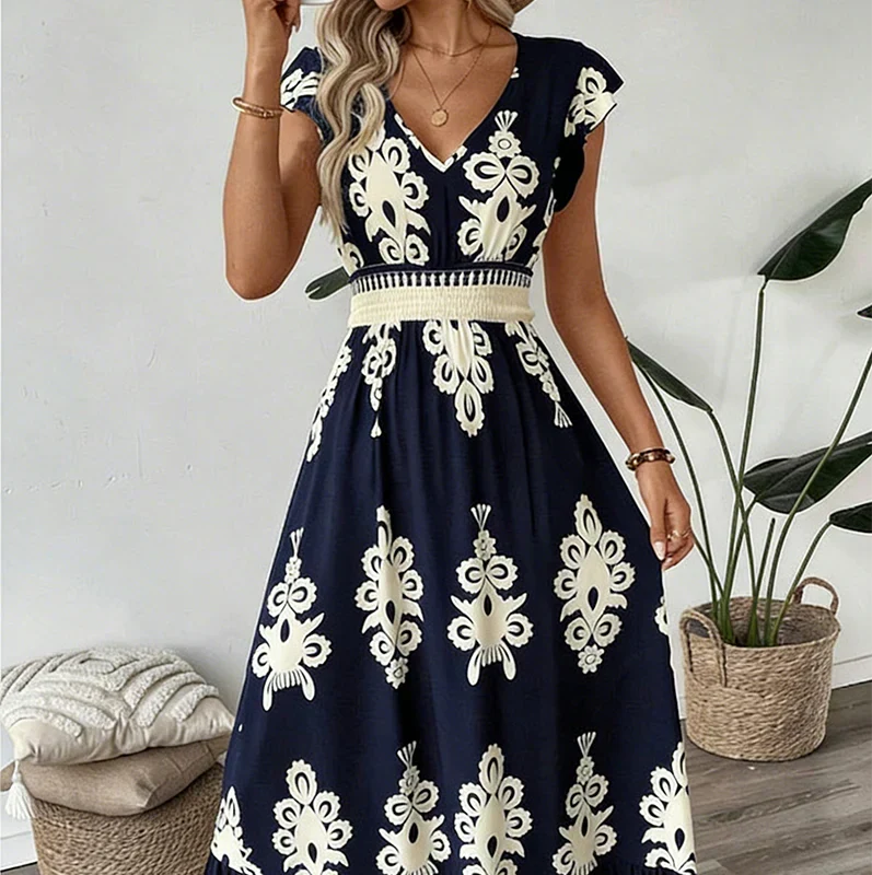 Women's Flowing Midi Dress with V-Neck and A-Line Skirt