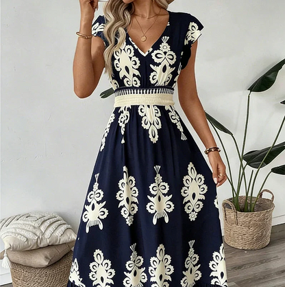 Women's Flowing Midi Dress with V-Neck and A-Line Skirt
