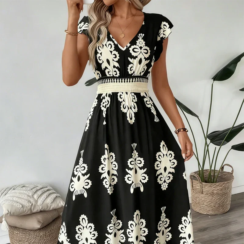 Women's Flowing Midi Dress with V-Neck and A-Line Skirt
