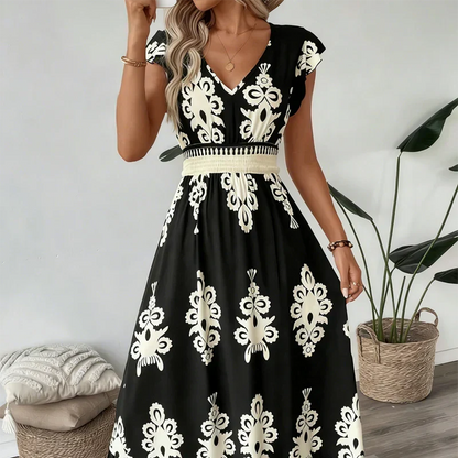 Women's Flowing Midi Dress with V-Neck and A-Line Skirt