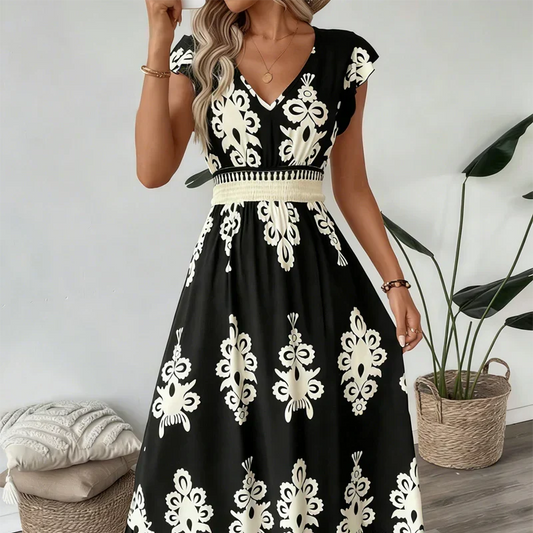 Women's Flowing Midi Dress with V-Neck and A-Line Skirt