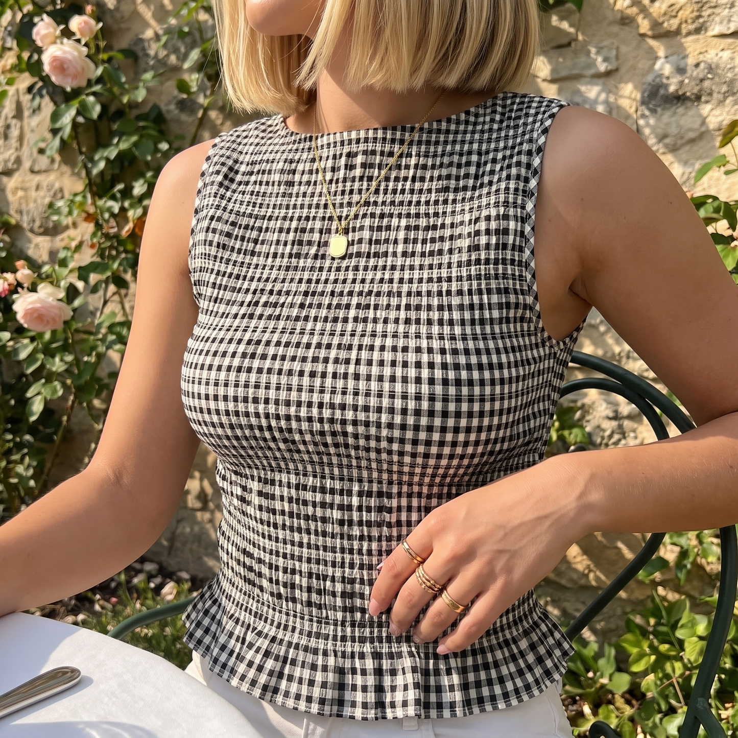Women's Gingham Shirred Ruffle Hem Top