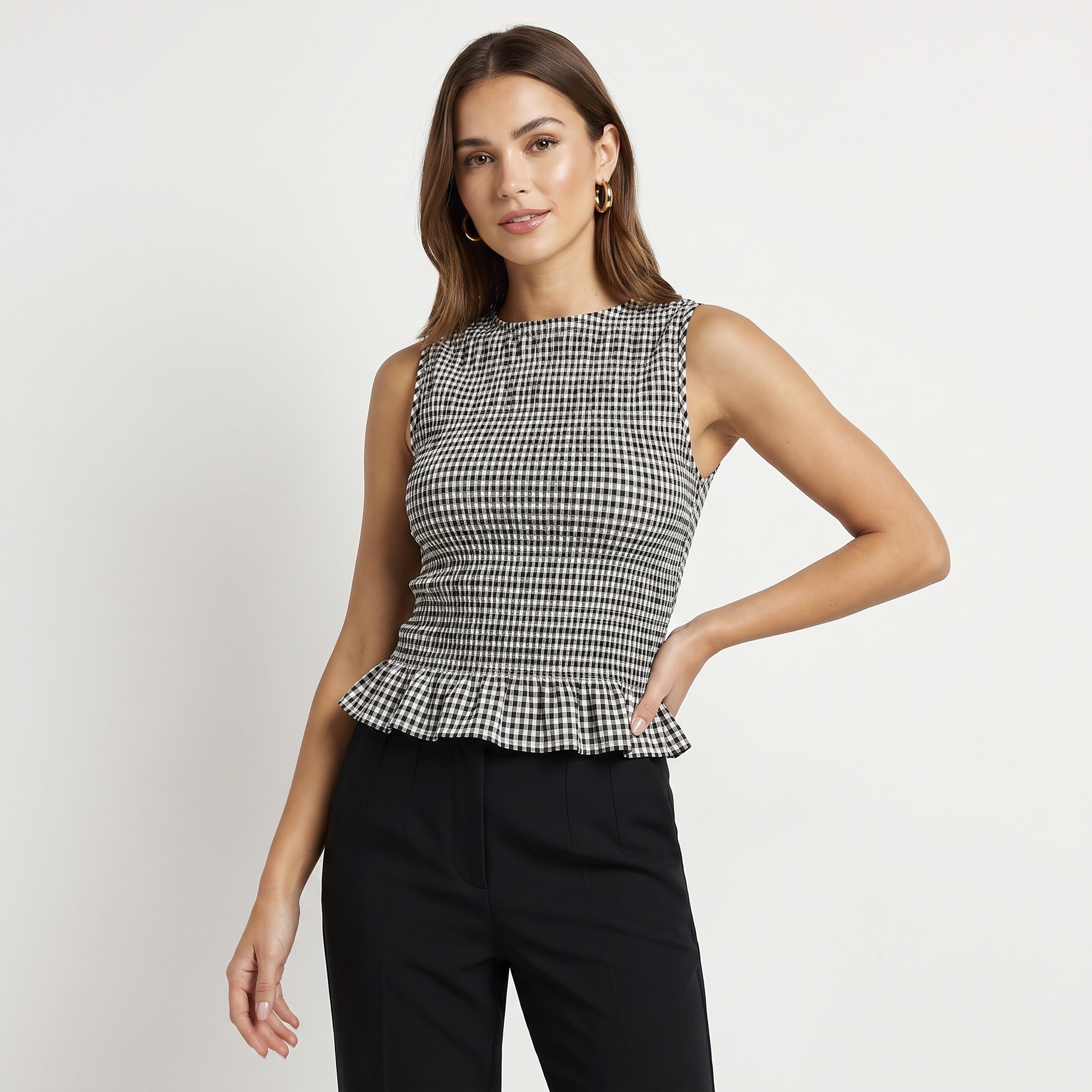Women's Gingham Shirred Ruffle Hem Top