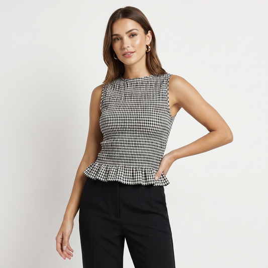 Women's Gingham Shirred Ruffle Hem Top