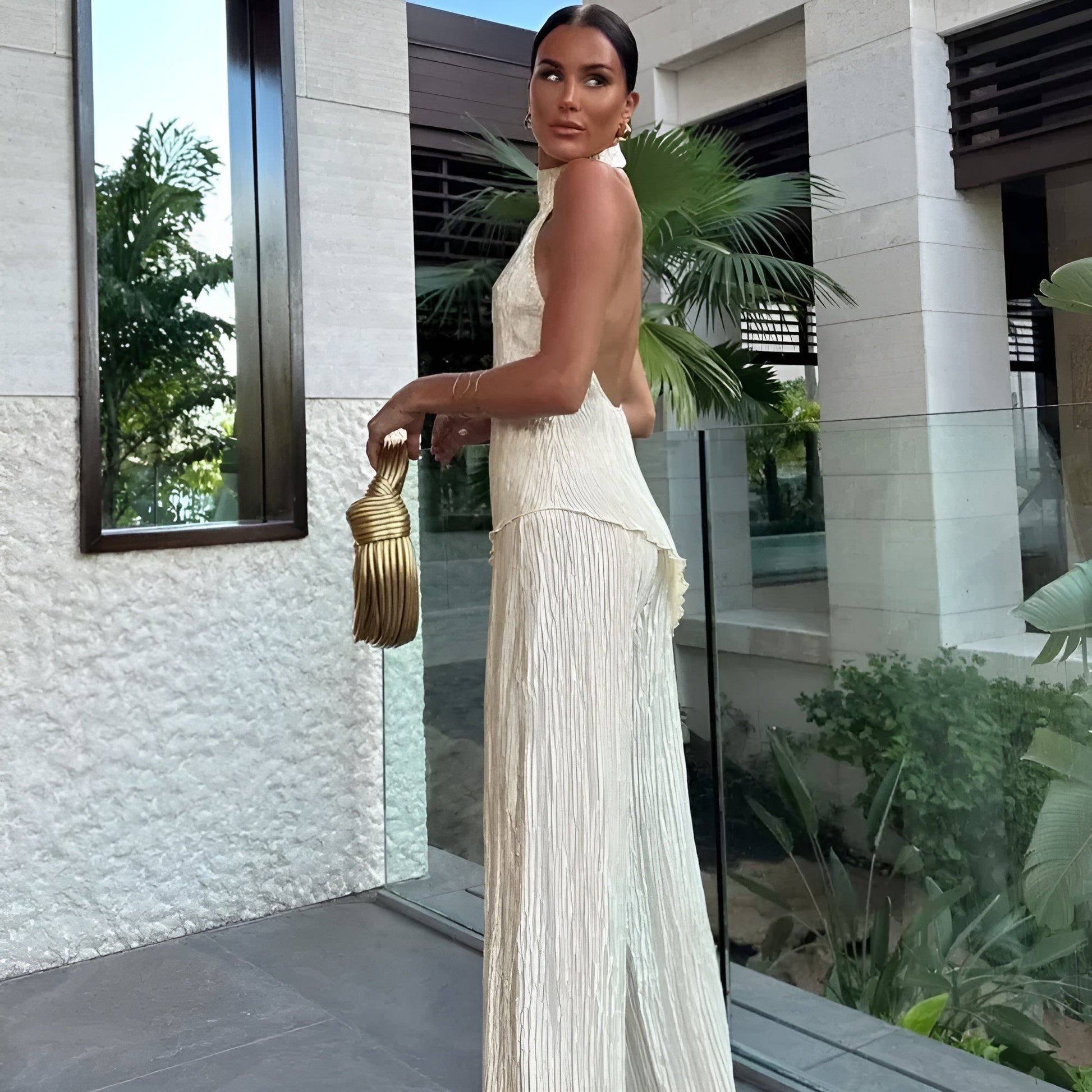 Women's Halter Backless Plisse Jumpsuit