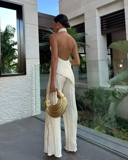 Women's Halter Backless Plisse Jumpsuit