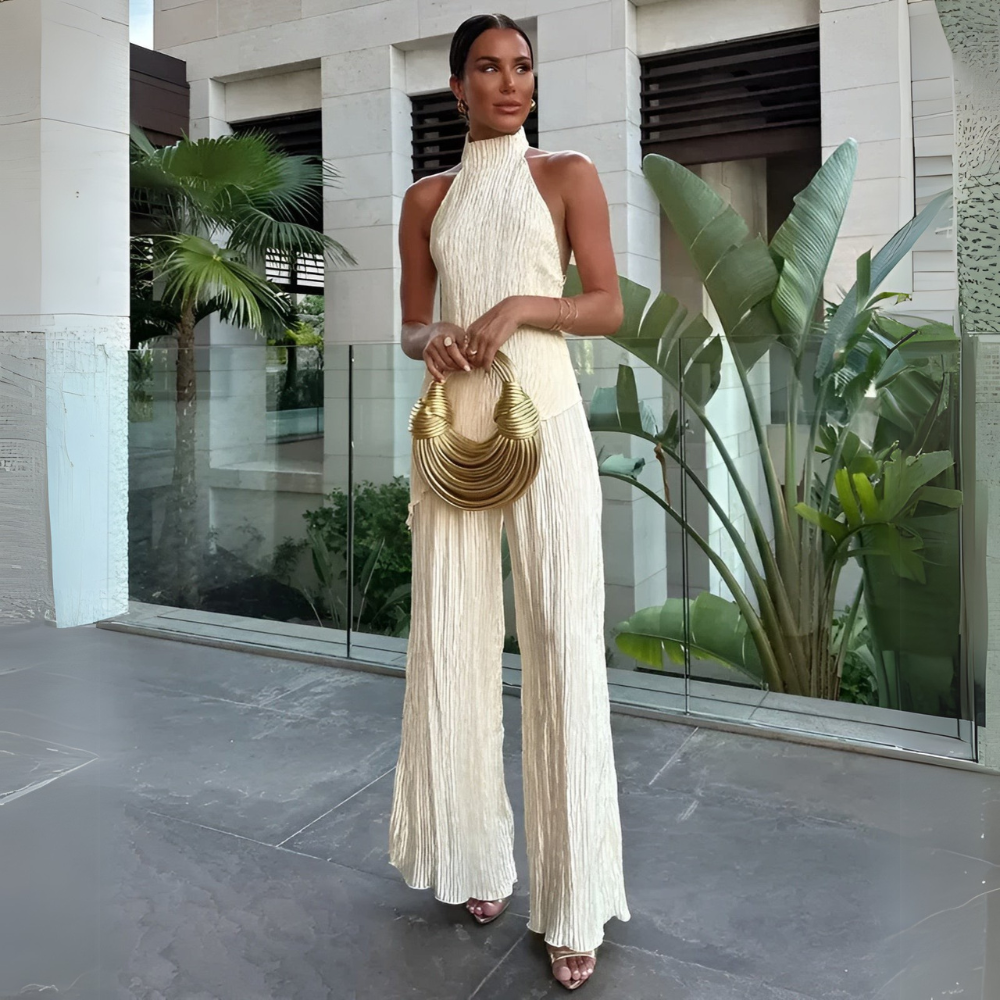 Women's Halter Backless Plisse Jumpsuit