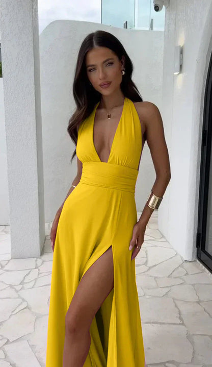 Women's Halter Maxi Dress with High Slit