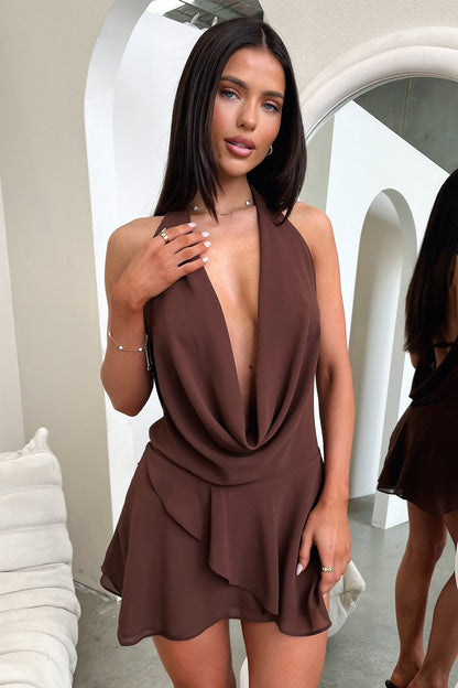 Women's Halter Mini Dress with Deep V-Neck
