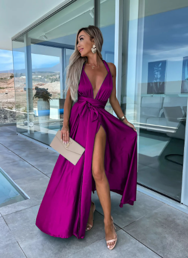 Women's Halter Neck Maxi Dress with High Split