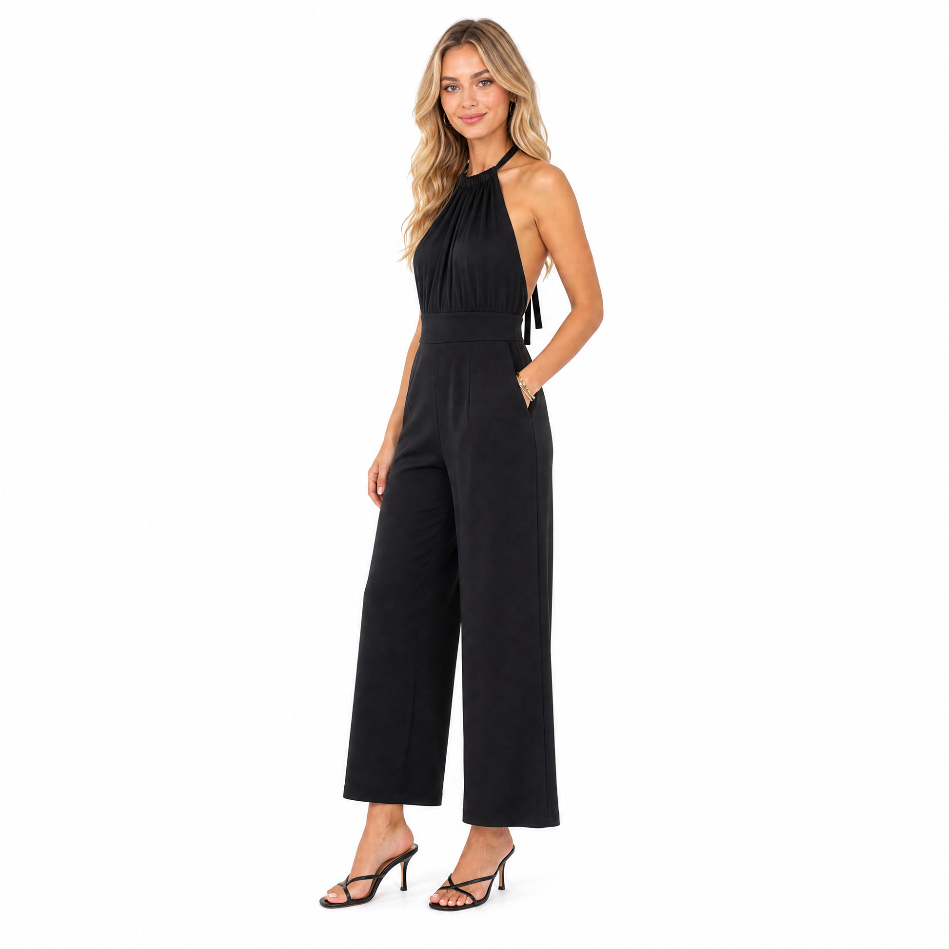 Women's Halter Pleated Wide-Leg Jumpsuit