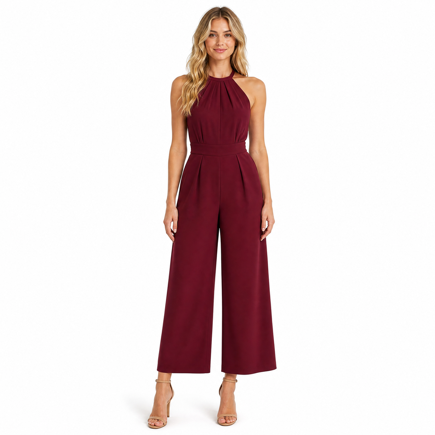 Women's Halter Pleated Wide-Leg Jumpsuit