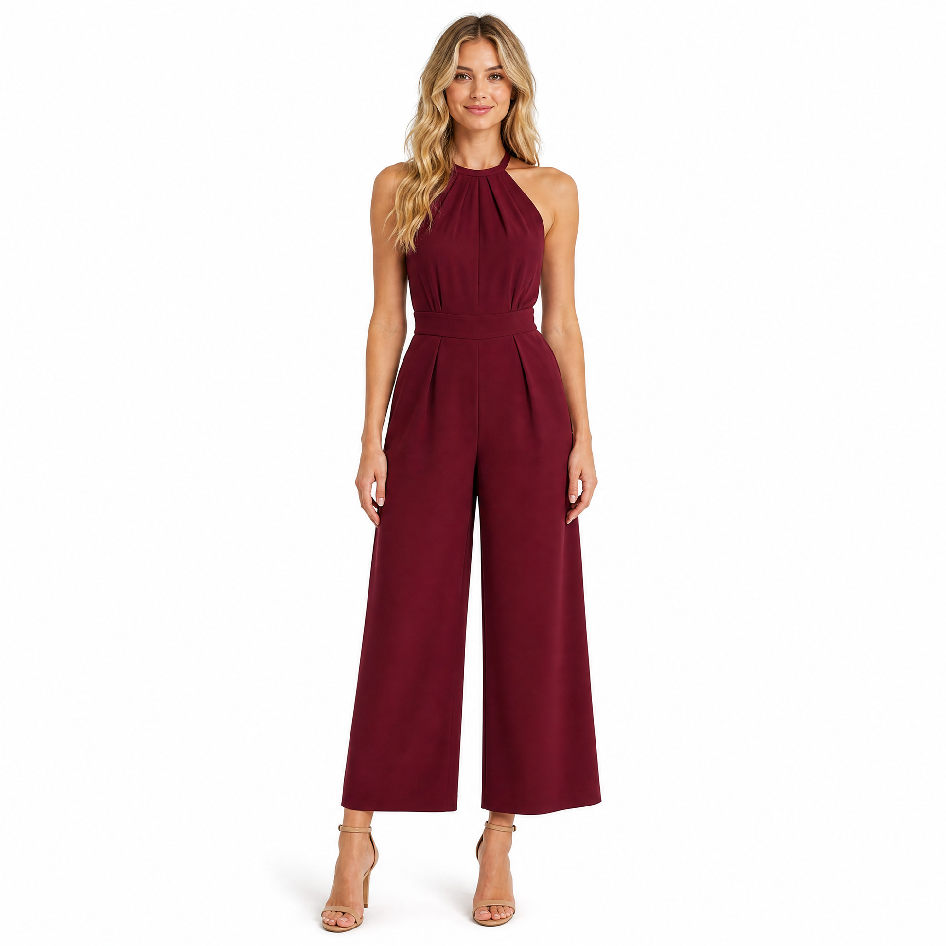 Women's Halter Pleated Wide-Leg Jumpsuit